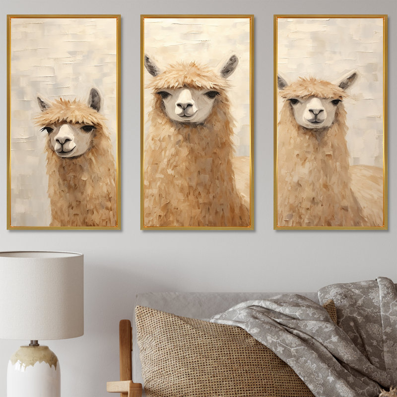 Minimalisme mignon Alpacas - ensemble d'art mural sur toile Alpacas, Cadre flottant doré, H 40 po x l 60 po