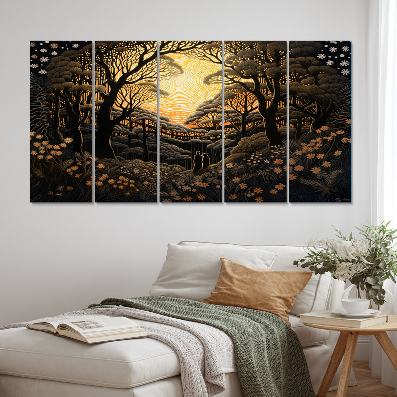 Countryside Romance Magical Full Moon Trees - Forest Wall Art Living Room - 5 Equal Panels