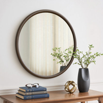 30'' Leyburn Modern Round Solid Wood Dark Walnut Framed Wall Mounted Mirror For Bathroom&Bedroom
