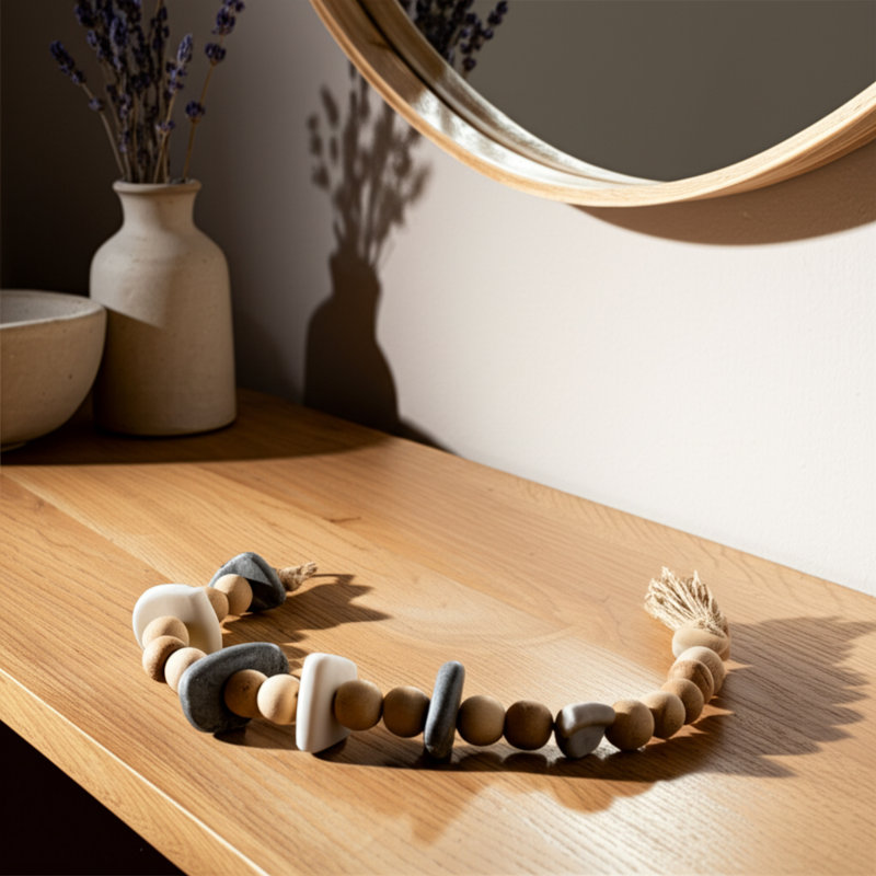 Perle décorative en bois d'acacia avec un cœur en marbre pour la décoration intérieure - Décoration de guirlande pour le salon, la table ou la tablette