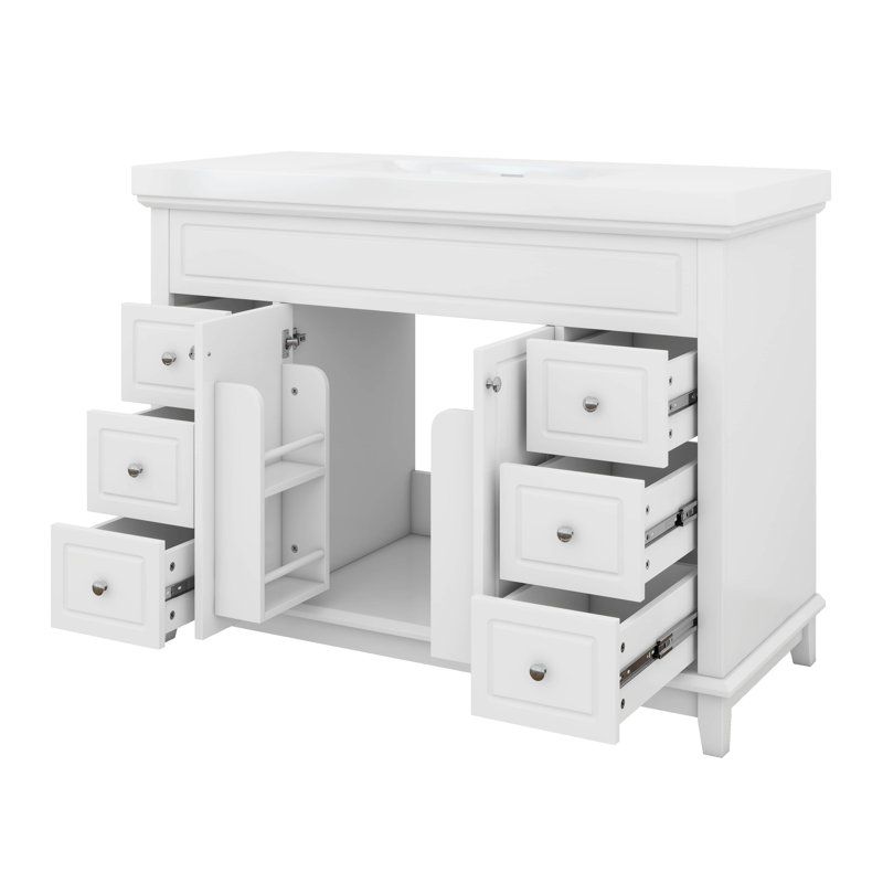 Meuble-lavabo 48 po avec lavabo en résine, armoire de salle de bain moderne avec 6 tiroirs à fermeture douce et 2 portes