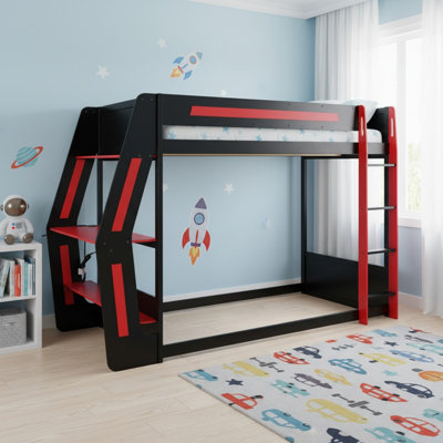 Lit superposé double en bois massif avec bureau RVB surdimensionné, lit superposé double au-dessus d'un lit double avec ports de charge USB et bande lumineuse à DEL pour la chambre à coucher
