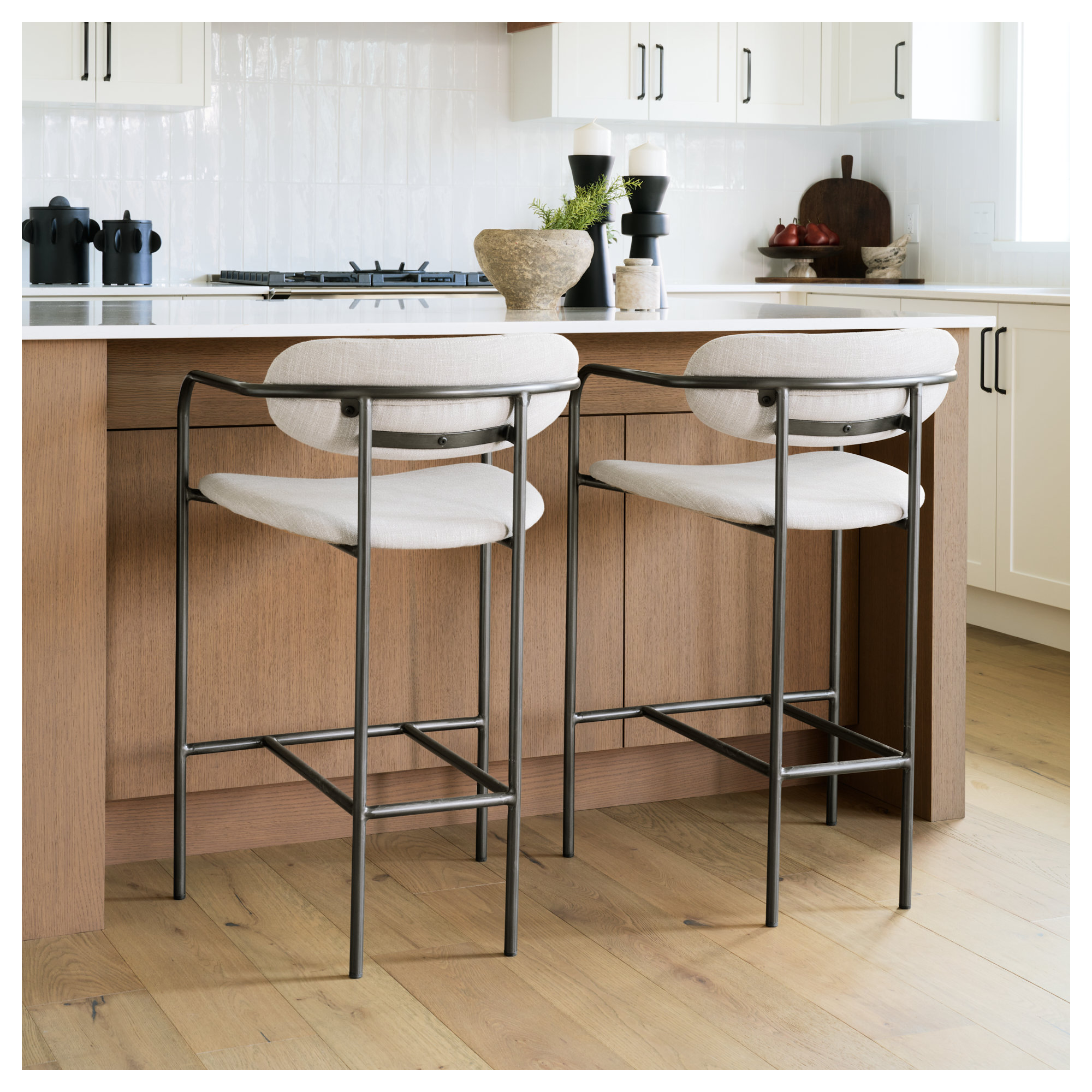 Belarus Fabric Seat Stool, Gun Metal Gray, Beige Linen Blend, Counter Stool (26.5” Seat Height)