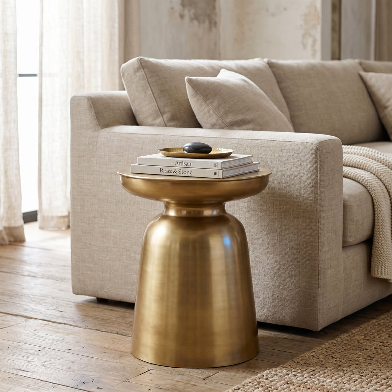 Shenna Handmade Metal Glam Solid Round Drum End Table, Gold