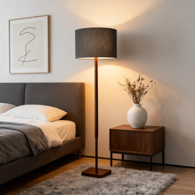 Lampe sur pied de 58,5 pouces avec base en noyer et abat-jour en tissu gris, luminosité réglable à 3 voies pour la chambre à coucher, le salon et l'éclairage de bureau
