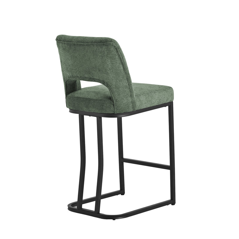 Ensemble de 2 tabourets de bar modernes rembourrés, tabourets de bar en chenille à hauteur de comptoir avec dossier ouvert et piètement luge en métal noir mat pour îlot de cuisine ou salle à manger