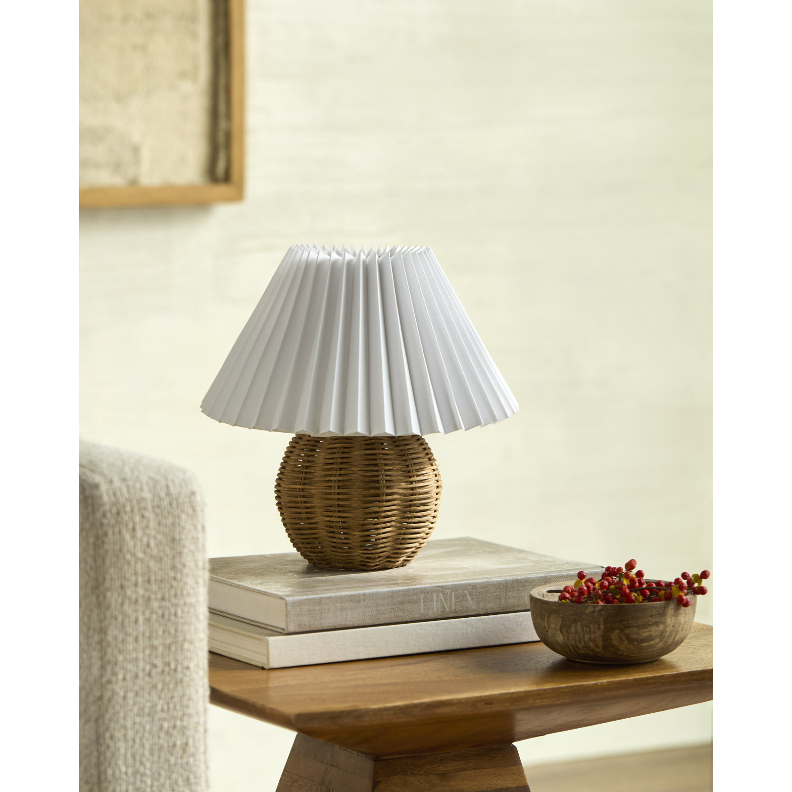 Chemise Rattan 10" Mini Table Lamp, Pleated Empire, Light Brown