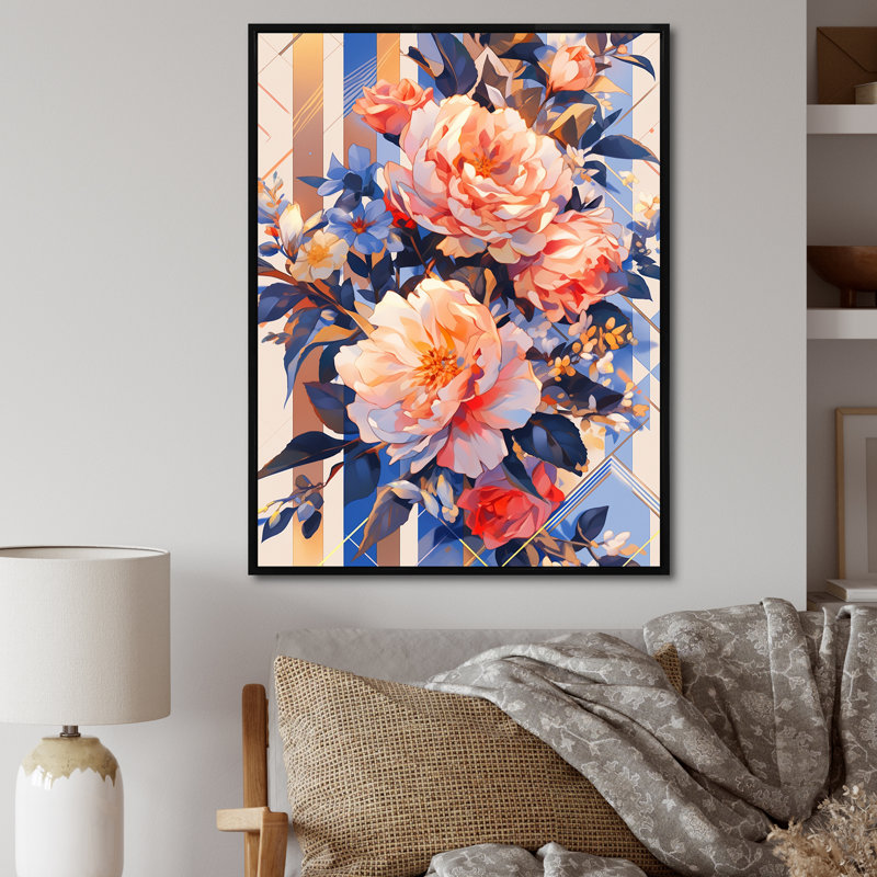 " Coral Serenade Of Peonies ", Black Floater Framed, 32" H x 16" W x 1" D