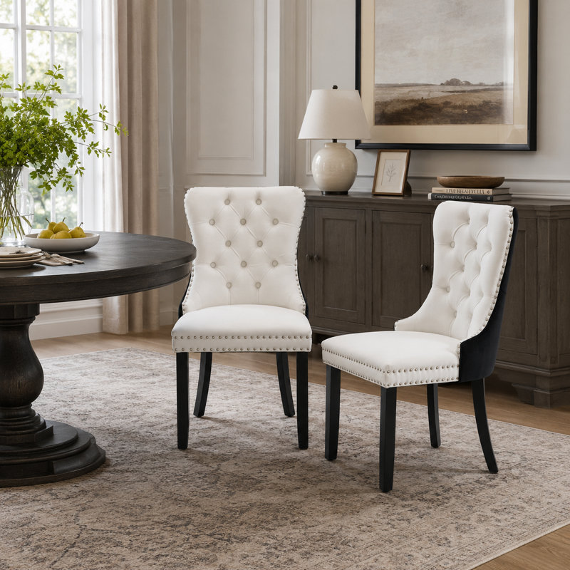 Allena Modern Two-Tone Faux Leather Dining Chairs with Button Tufting and Back Ring (Set of 2), Black, Linen White/Black