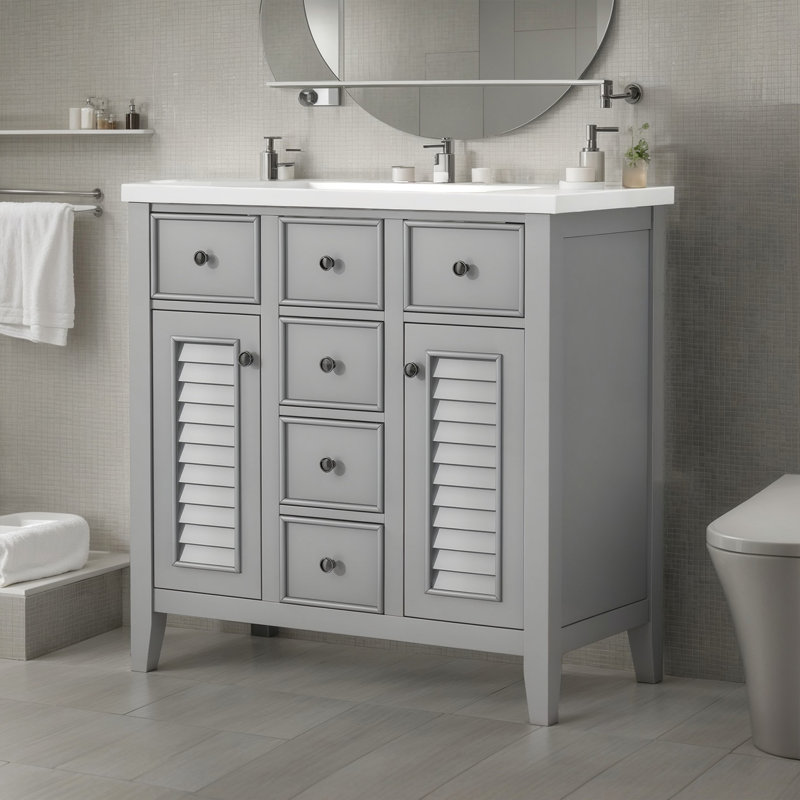 Pelaga 36" Bathroom Vanity With Ceramic Basin, Two Cabinets And Five Drawers, Solid Wood Frame