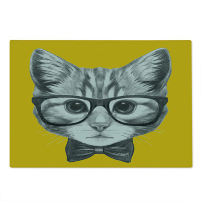 Ambesonne Animal Cutting Board Large Size Hipster Kitten Cat Mustard Grey