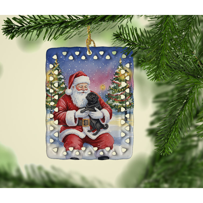 Ornement en porcelaine noire carlin avec père Noël, Carlin noir