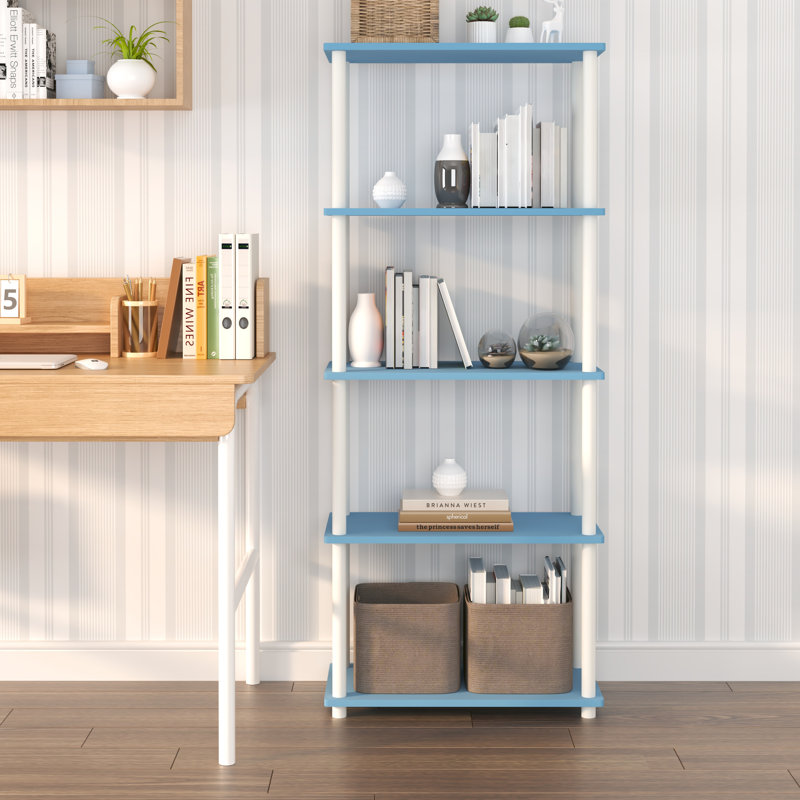 Bibliothèque à 5 niveaux avec tablettes ouvertes de 57,4 po, (5 tablettes) H 57,4 po x l 23,6 po x P 11,6 po, Bleu / blanc