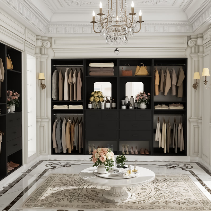 100" Closet System with Drawers, Closet Organizer with Hanging Rods and Mirror Design, Black