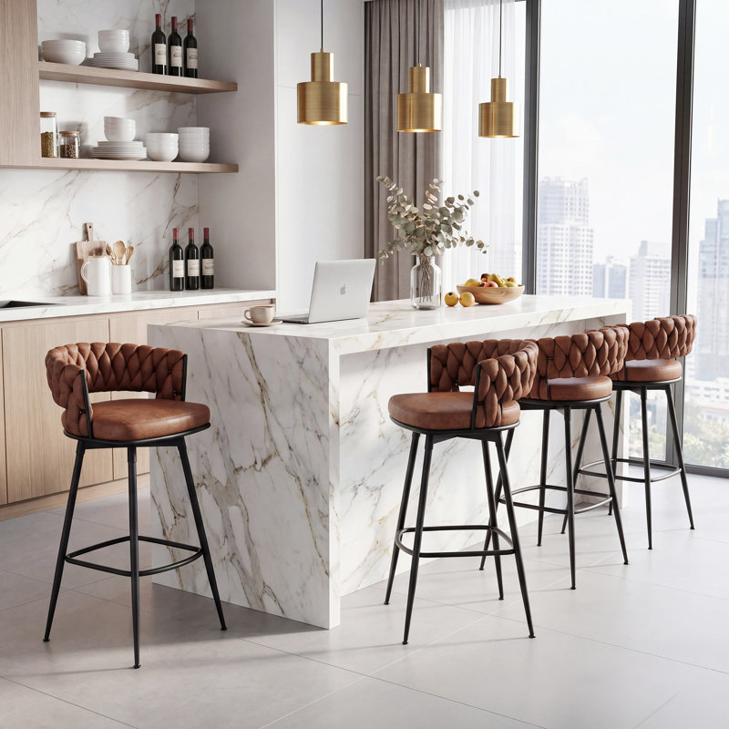 Tabouret de bar pivotant et rembourré moderne avec motif tissé, Whiskey Brown, Bar Stool (30.7" Seat Height)