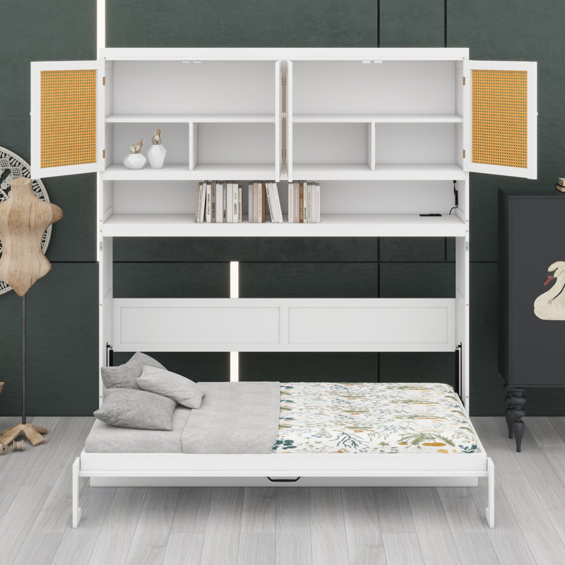 Unité de lit pliante verticale avec compartiment de rangement supérieur, lampe intégrée et connectivité USB, Blanc