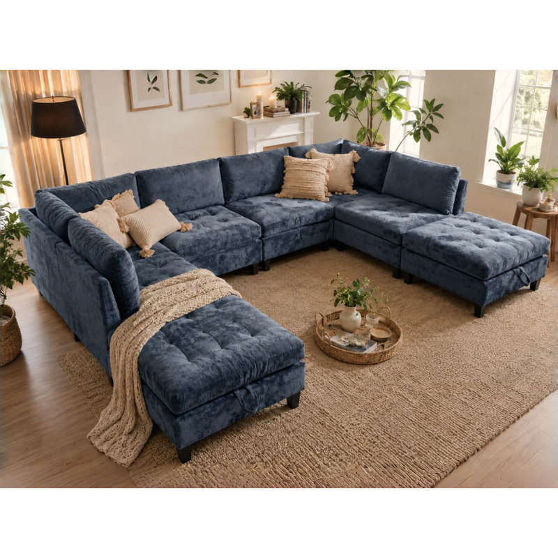 Canapé-lit modulaire avec repose-pieds Chenille, Chenille bleu, 33.5"H x 255"W x 32.3"D