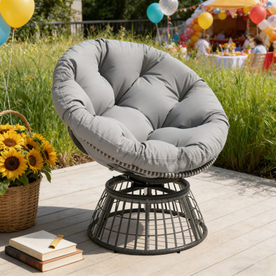 Chaise pivotante Papasan avec coussin épais, chaise Papasan en osier, chaise ronde surdimensionnée et confortable (gris-gris)