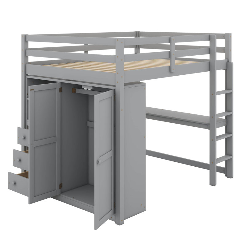 Lit mezzanine en bois pleine grandeur avec garde-robe intégrée, bureau, tablettes de rangement à 2 niveaux et 3 tiroirs, structure de lit mezzanine en bois massif