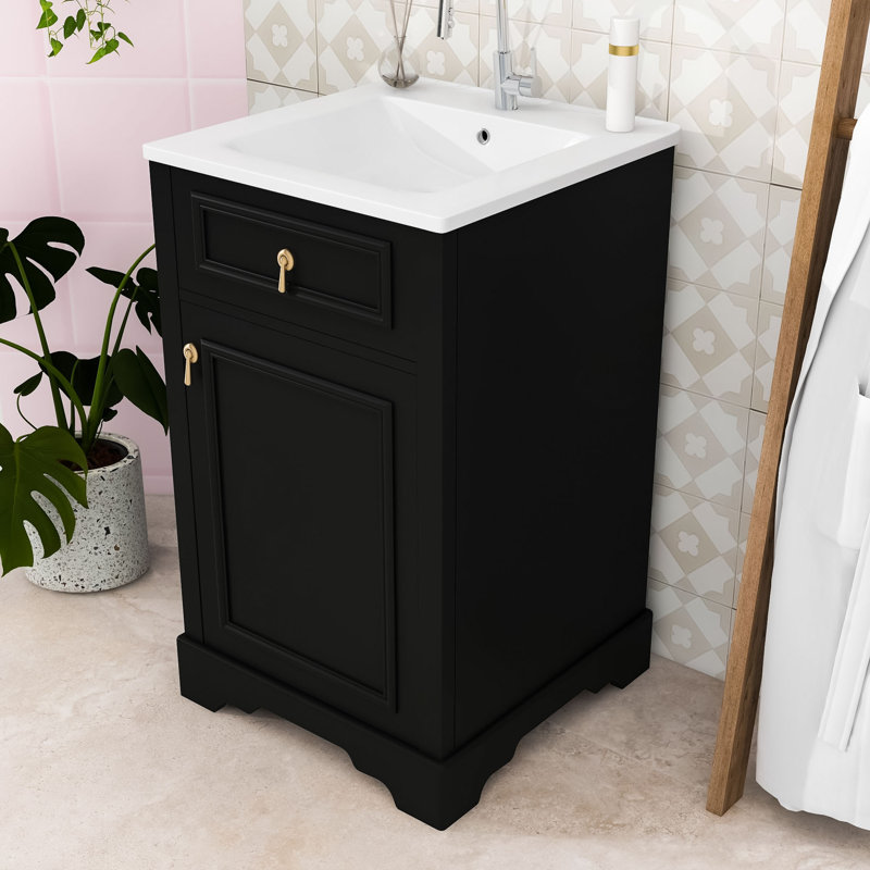 Meuble-lavabo simple autoportant moderne avec lavabo en céramique, tablette réglable et porte à fermeture en douceur, Noir