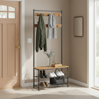 Multifunctional Entryway Furniture Combining Coat Rack, Bench, And Shoe Cabinet; Steel Frame Structure; Industrial Style; Walnut Wood And Black Color Scheme.