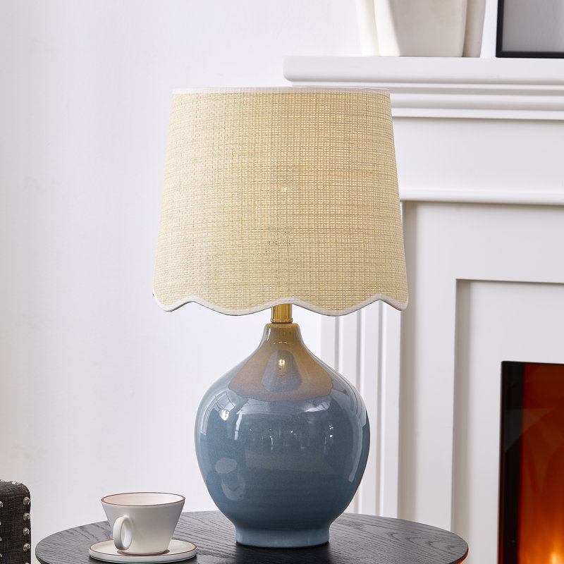 21" Ceramic Table Lamp With Oatmeal Shade, Blue