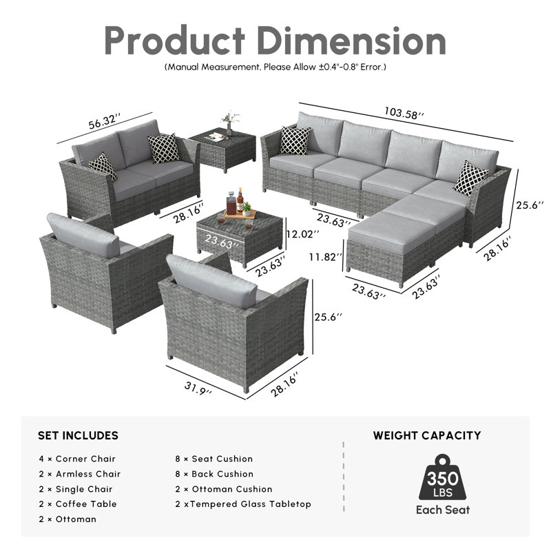 Koyno 10 - Person Patio Conversation Set with Cushions, Gray, No