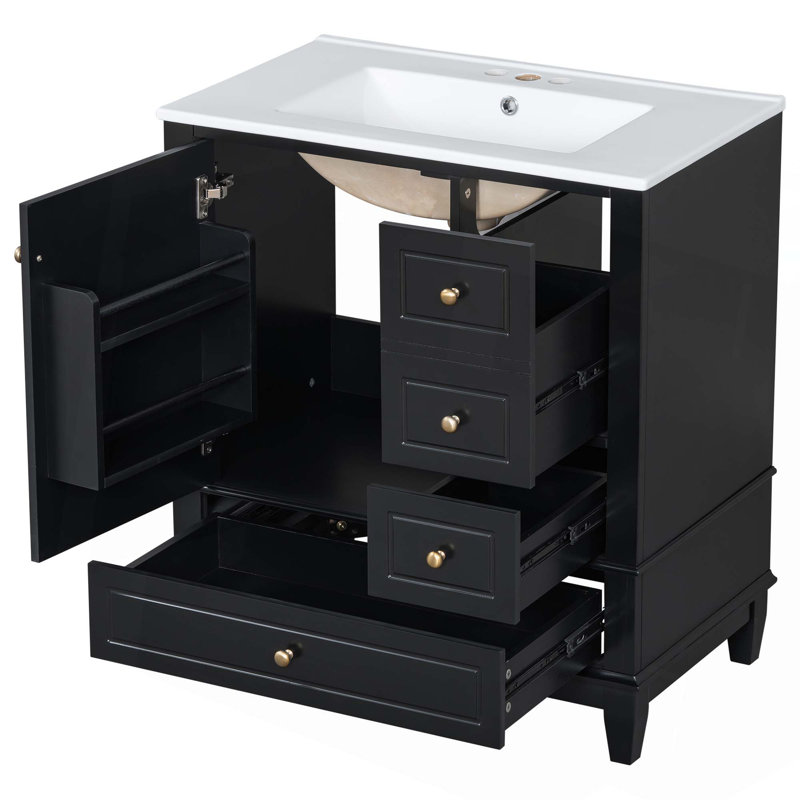 Bathroom Vanity with Sink, One Door with Shelf and Three Drawers, Soft Close Door, Black