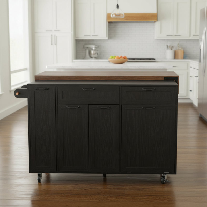 Black Multi-Functional Kitchen Island Trolley, Extendable Dining Table + Hidden Trash Can, Three-Tier Spice Rack With Wheels For Easy Movement, Suitable For Dining And Kitchen Spaces.