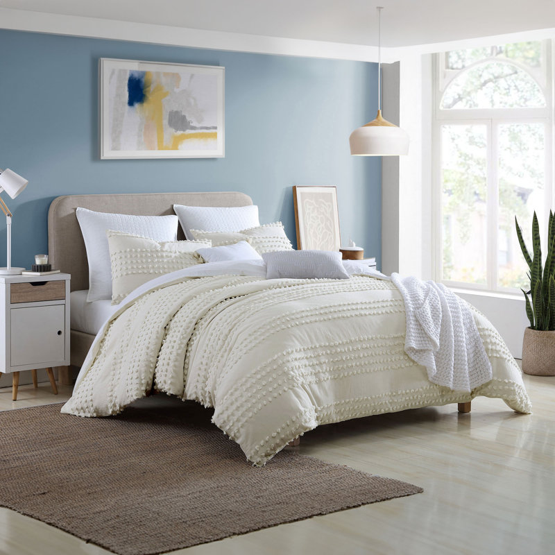 Swift Home Marilla 100% Cotton 5-Piece Clip Jacquard Pom Pom Texture Comforter Set - 2 Decorative Pillows Included - All-Seasonal Warmth, Durable, Easy Care