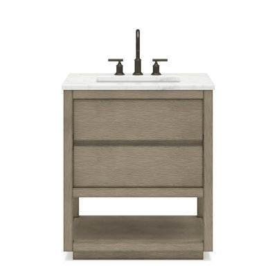 Oakman 30 In. Double Sink Carrara White Marble Countertop Bath Vanity In Grey Oak With Gold Faucets