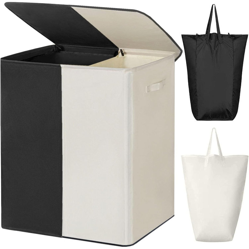 Double panier à linge avec couvercle, grand panier à linge 154L | Panier à linge pliable 2 pièces, Noir / Beige