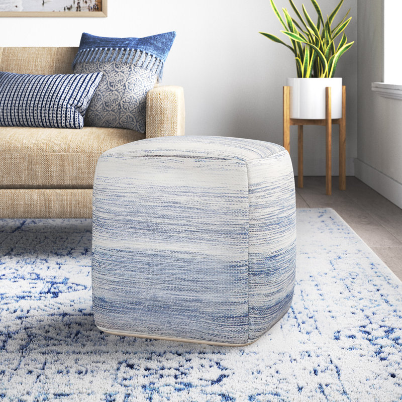 Teagan Upholstered Pouf, Blue Polyester Blend
