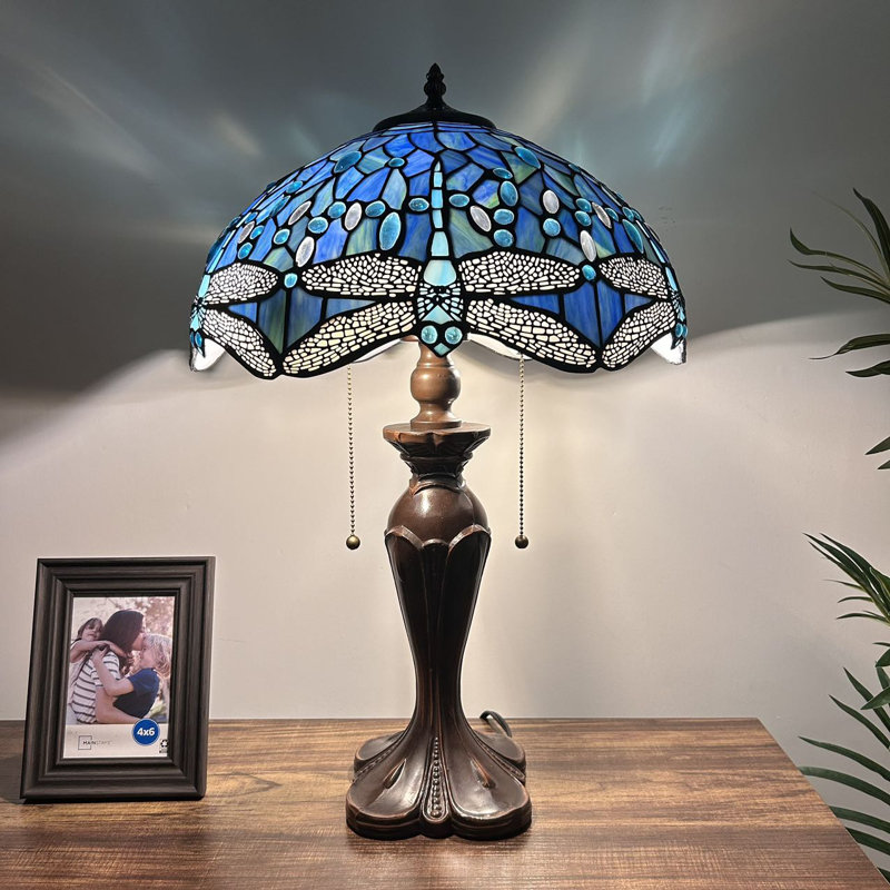Gloriann Tiffany Table Lamp Stained Glass Dragonfly LED bulbs Included Pull Chain Switches 16"W*16"D*24"H, Sea Blue