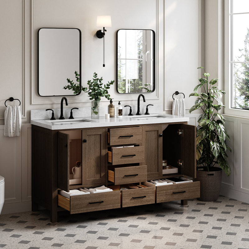 Grevera 61" Double Bathroom Vanity Set, Brown Oak / Matte Black, Rectangular