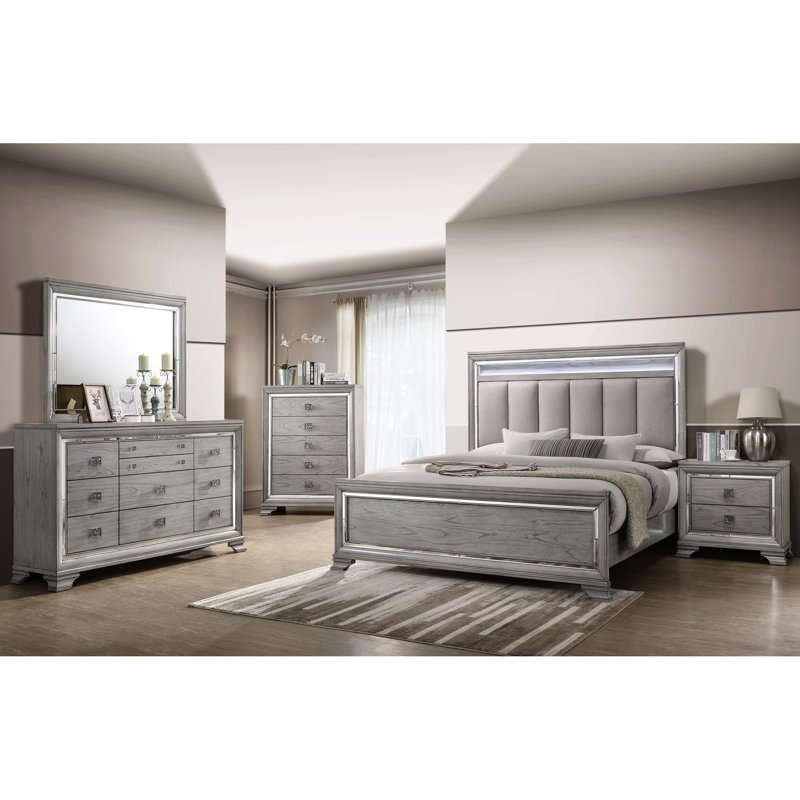Très grand lit à panneau très grand, de style moderne, gris doux et solide, avec panneau et tête de lit intégrés en bois massif contemporain, avec éclairage