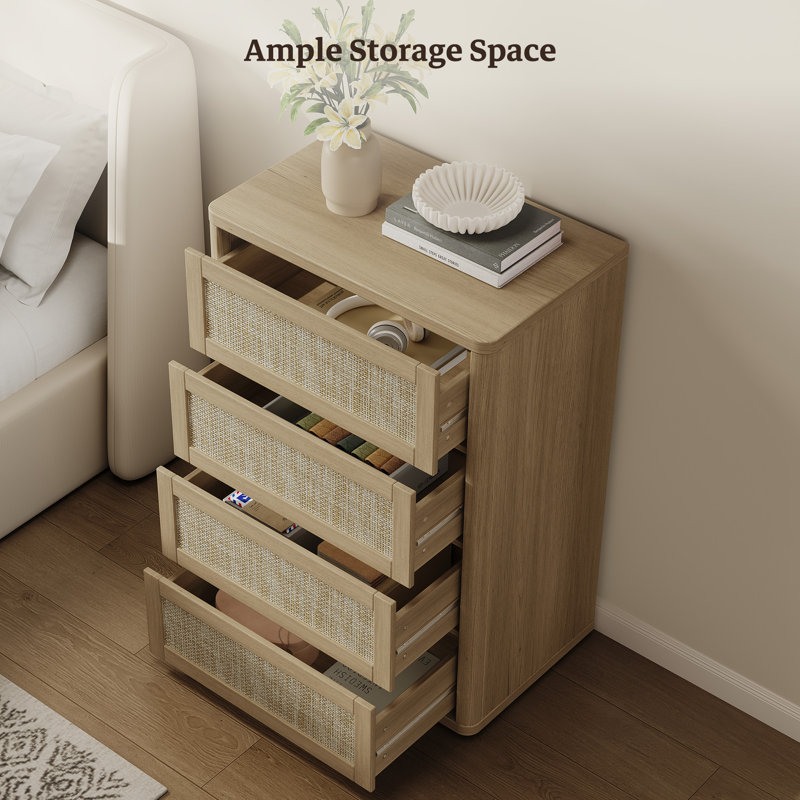 Consiglia Boho-Rattan 4-Drawer Dresser, 40.5" Tall Bedroom Storage Chest for Small Spaces, Amber Oak