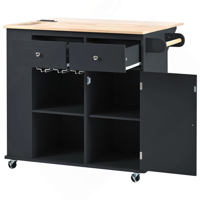 Kitchen Island With Power Outlet,Kitchen Storage Island With Drop Leaf And Rubber Wood,Open Storage And Wine Rack,5 Wheels,With Adjustable Storage For Home, Kitchen, And Dining Room
