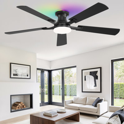 Ventilateur de plafond encastré noir intelligent RVB de 52 po avec lumière, élégant et futuriste Cissline