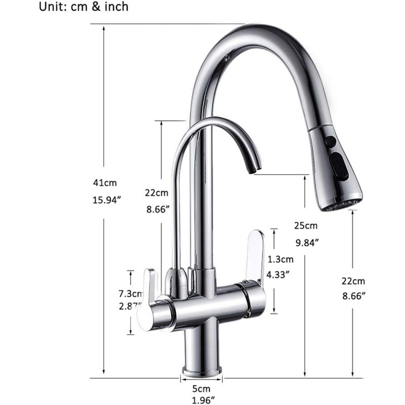 Kitchen Sink Faucet with Pull Down Sprayer 2 Handle 3 in 1 Water Filter Purifier Faucets, Chrome
