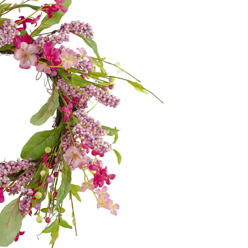 Pink and White Artificial Geranium Floral Wreath with Green Foliage - 18-Inch