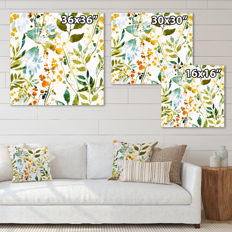 Fleurs printanières et feuilles sur fond blanc - peinture sur toile, Toile tendue, H 30 po x l 30 po