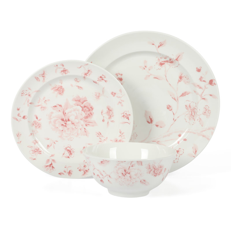 Pink Floral Porcelain Dinnerware Set, Service for 4