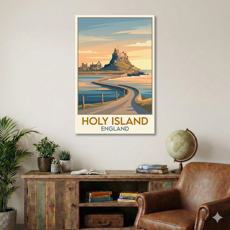 Holy Island, England - Lindisfarne Travel Poster | Tidal Causeway And Castle. Giclee Print On Wrapped Canvas. Wall Art, Home Decor - Religious & Cultural Sites, England - Wrapped Canvas Print