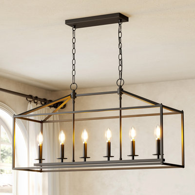 6-Light Kitchen Island Linear Chandelier, Farmhouse Pendant Light with Adjustable Chain, Black Iron Finish