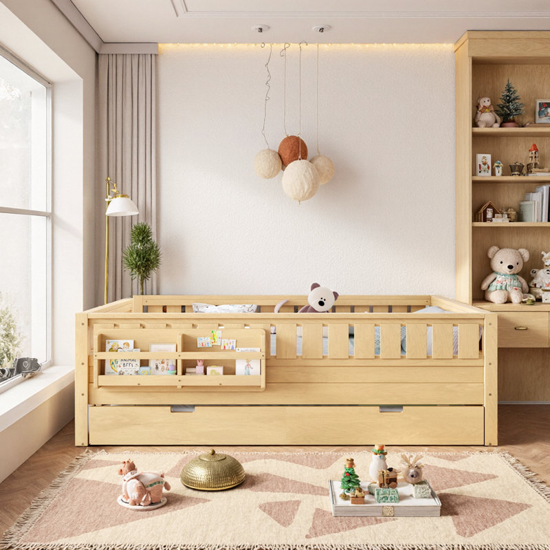 Playful Kids Twin/Full/Queen Bed with Built-in Bookshelf, Safety Stairs & Hidden Trundle for Space-Saving Fun, Queen