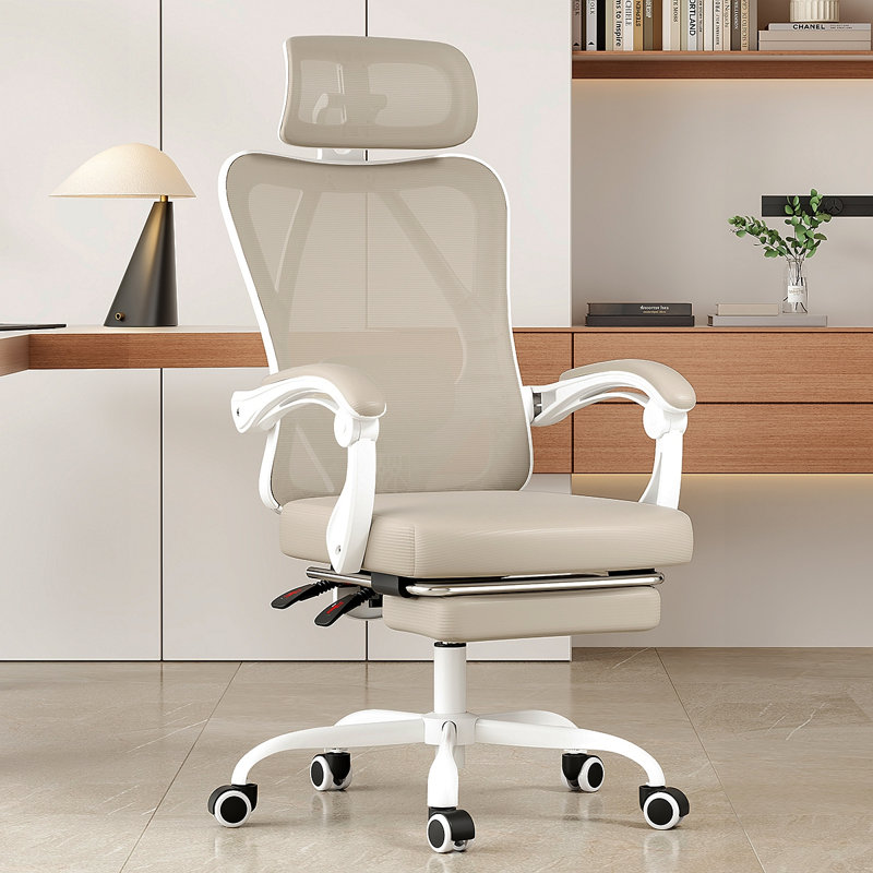 Ergonomic Office Chair With Footrest, Mesh Office Desk Chair With Headrest, High Back Computer Chair With Adjustable Lumbar Support For Home Office Study Room Bedroom, White & Kakhi