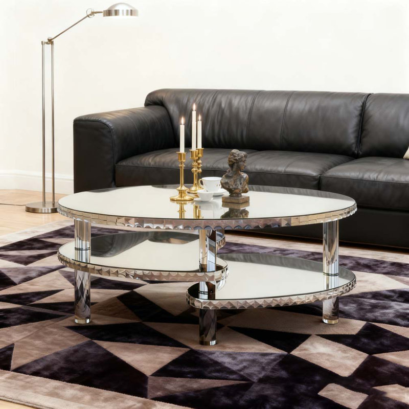 Silver Mirrored Glass Crystal Decor Coffee Table
