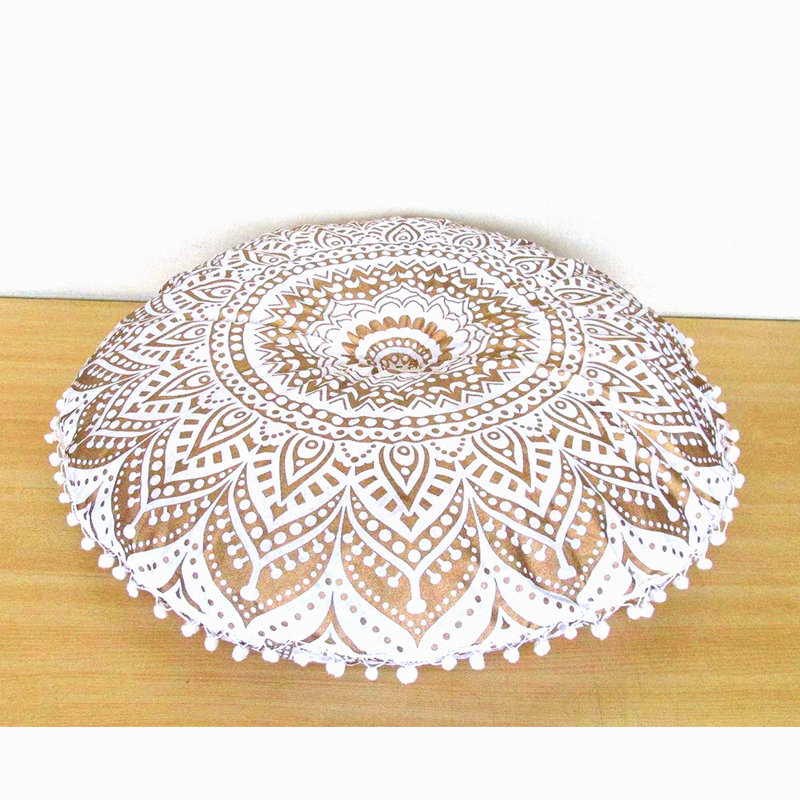 Gold Bohemian Pom Pom Floor Pillow Cover - Large Round Meditation Seating Cushion Ottoman Throw Case for Hippie Decor - Zipped White Gold Pouf