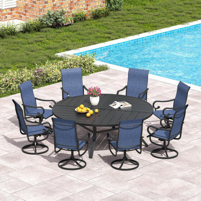 Patio dining set with 60" Round Metal Dining Table and 8 Textilene Swivel Chairs